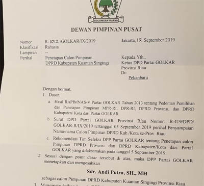 Surat Keputusan tentang penunjukan Andi Putra sebagai Ketua DPRD Kuansing oleh Partai Golkar