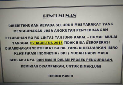 Roro Tanjung Kapal (rupat) – Dumai tak beroperasi.