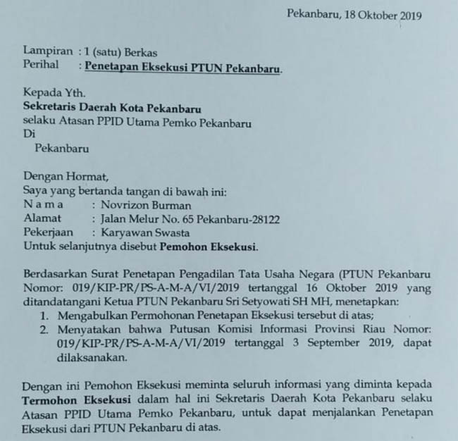 Surat penetapan eksekusi dari PTUN Pekanbaru.