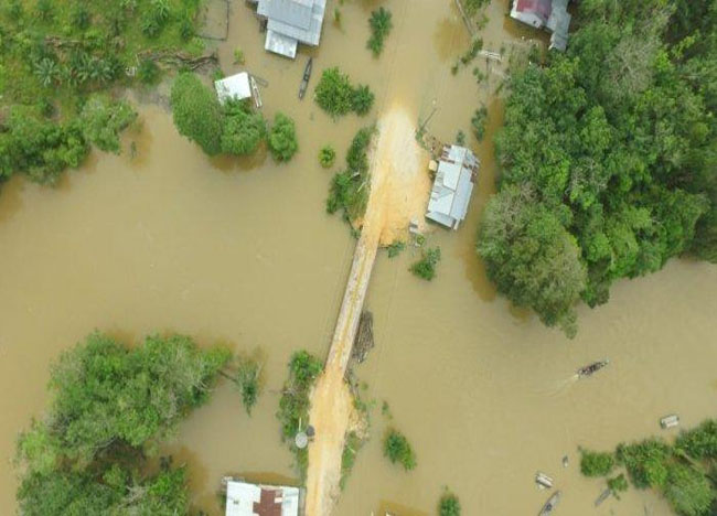   Kondisi banjir di Desa Lubuk Kembang Bunga Kecamatan Ukui Kabupaten Pelalawan pasa Selasa (110/12/2019) lalu. Sebanyak 40 rumah terdampak dan ketinggian air mencapai 2 meter.  FOTO: Tribun.