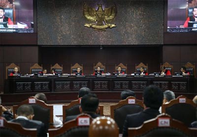  Suasana sidang perdana sengketa pilpres 2019 di Gedung Mahkamah Konstitusi, Jakarta, Jumat (14/6/2019). FOTO: Kompas.