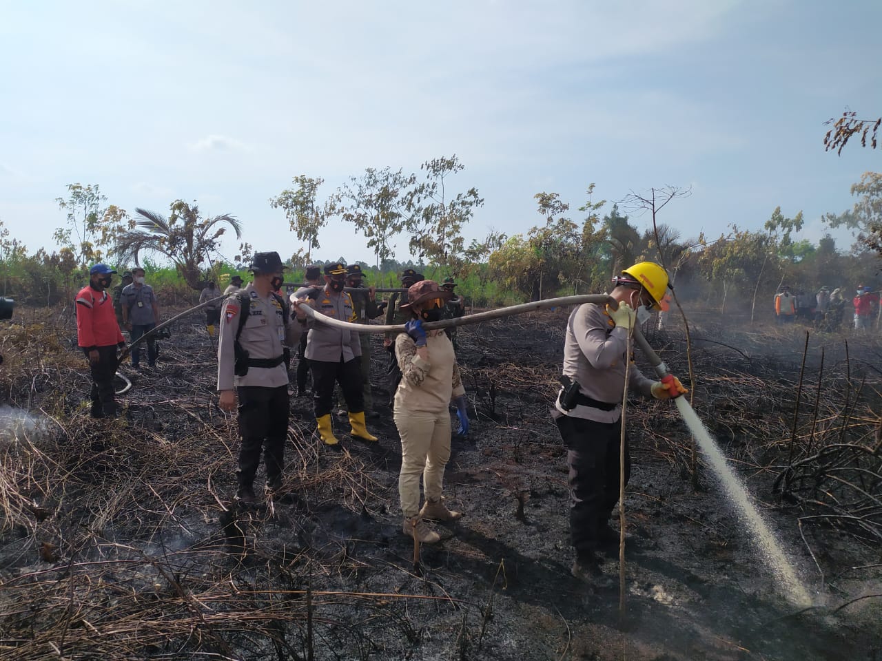 Kapolda Riau terlihat ikut padamkan api karhutla di Kecamatan Tasik Putripuyu