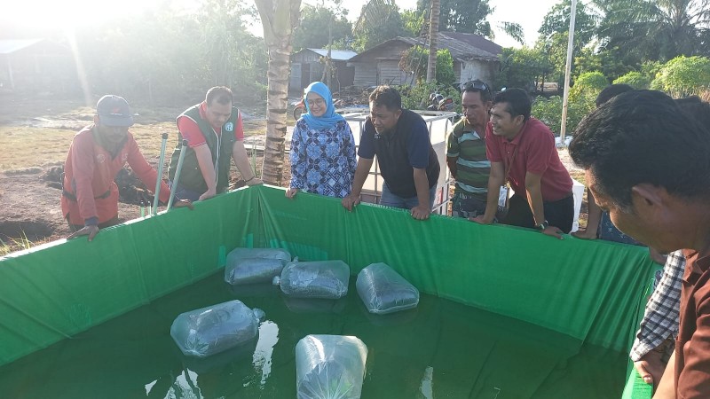 PT RAPP membagikan ribuan bibit ikan gabus ke masyarakat Kampung penyengat, Kecamatan Sungai Apit, Siak (foto/diana)
