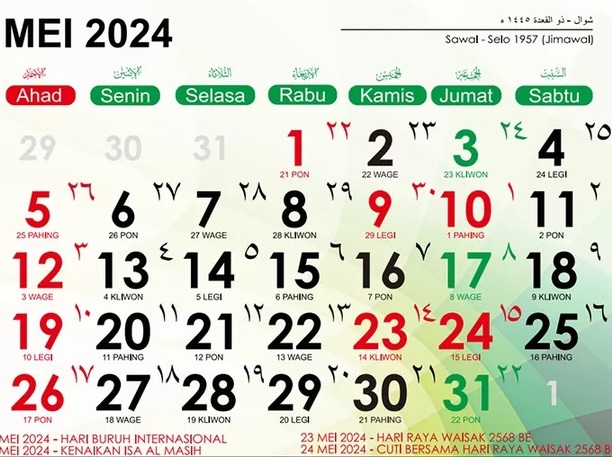 Kalender tanggal merah dan cuti bersama pada bulan Mei 2024.