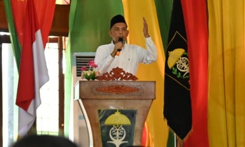 Walikota Dumai H. Paisal menyampaikan sambutan pada acara Syukuran dan Doa bersama karena Dumai mendapat DBH.(foto: bambang/halloriau.com)