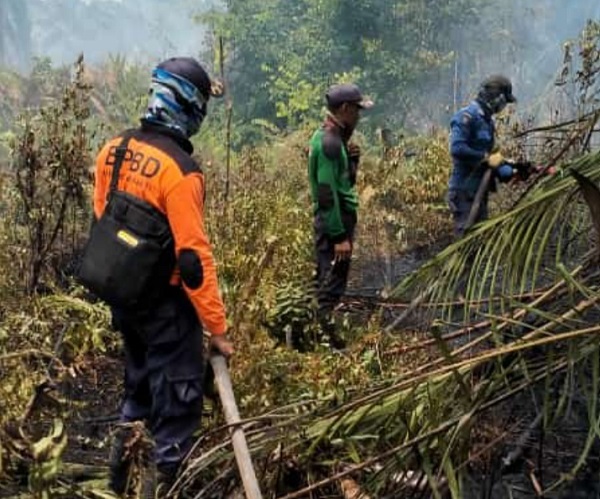 Tim sedang melakukan  upaya pendinginan di lahan terbakar di Desa Lukun Kecamatan Tebingtinggi Timur