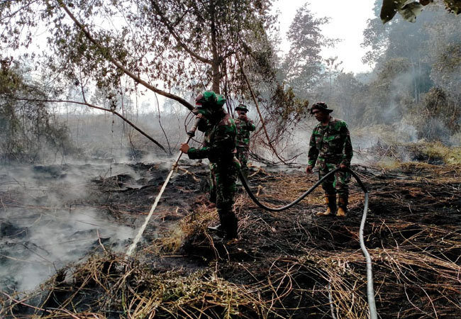 Terlihat petugas sedang melakukan pendinginan di lokasi Karhutla di Desa Penyagun dan tampak juga kebakaran yang meluas dan melahap hampir mengarah ke kawasan hutan lindung Tasik Penyagun.