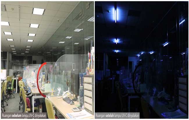Perbandingan saat lampu UV-C dihidupkan dan dimantikan di lingkungan kantor.