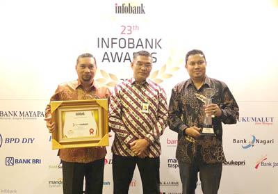  Dirut Bank Riau Kepri DR. Irvandi Gustari didampingi Pindiv Renstra Tengkoe Irawan dan Pindesk Corsec Winovri usai penyerahan Platinum Award Kinerja Keuangan