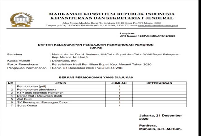 Daftar Kelengkapan Pengajuan Permohonan Pemohon (DKP3) pasangan Mahmuzin Taher - Nuriman Khair ke Mahkamah Konstitusi.