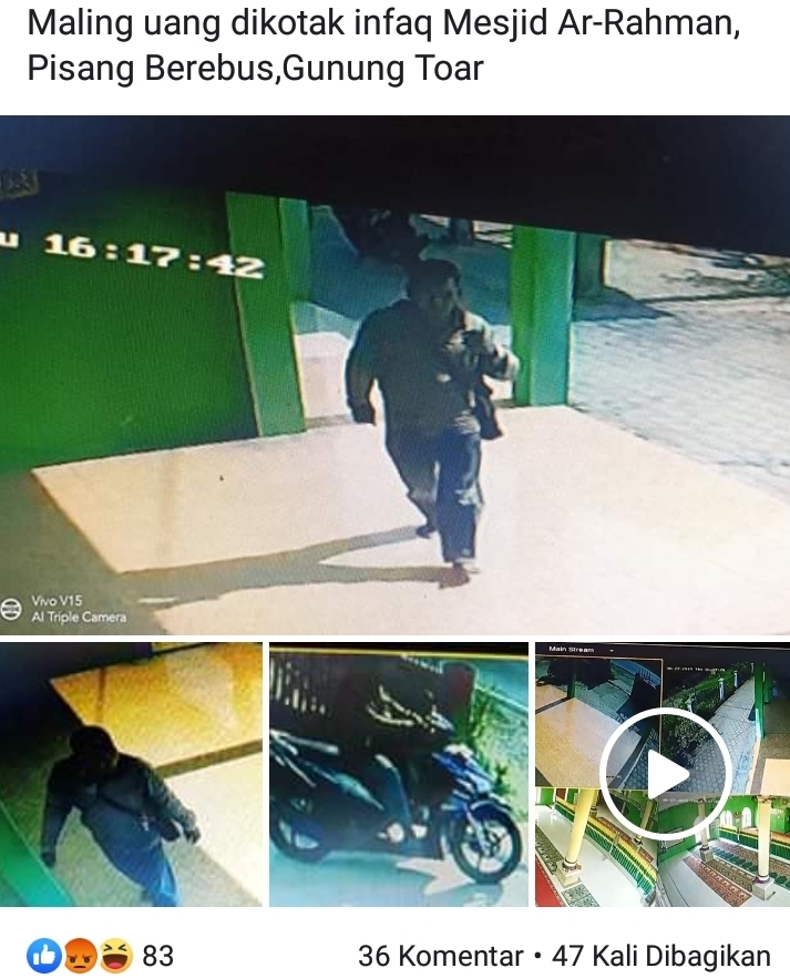 Screenshot pria diduga maling kotak infak terekam CCTV Masjid.