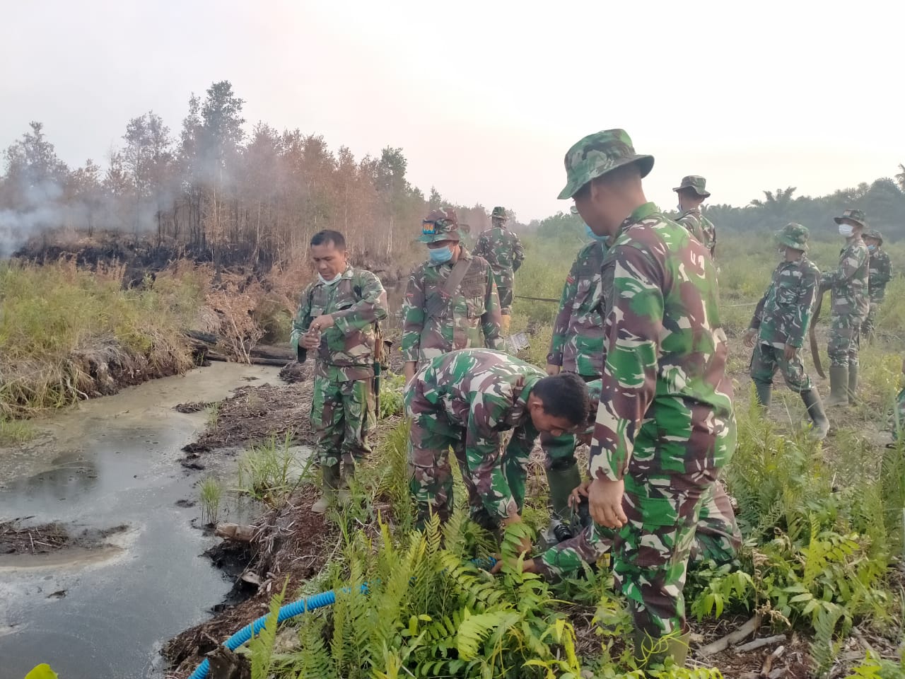 Personel Denrudal 004 Dumai membantu memadamkan Karhutla di Kecamatan Sungai Sembilan Kota Dumai.