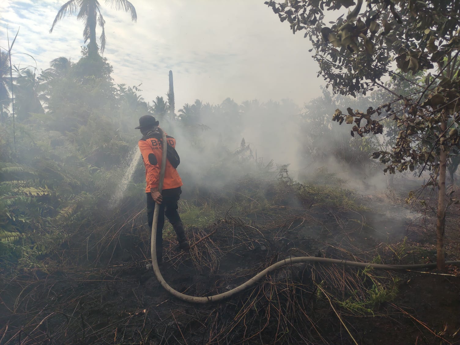 Tampak petugas BPBD Kepulauan Meranti sedang melakukan pendinginan terhadap lahan gambut yang terbakar