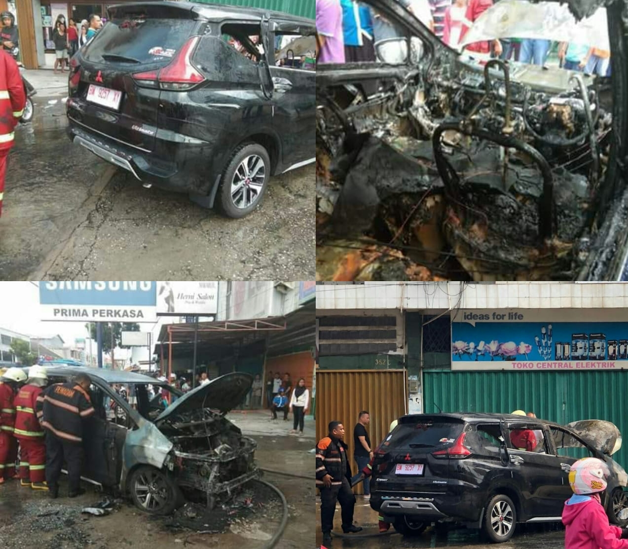 Kolase mobil Mitsubishi Xpander yang terbakar di Pekanbaru.