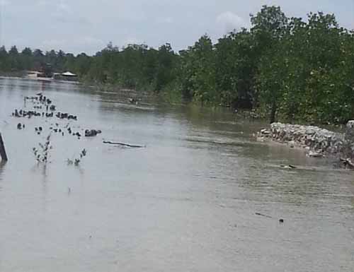 Banjir pasang laut yang menggenangi jalan lintas kecamatan Tebingtinggi Barat -Pulau Merbau