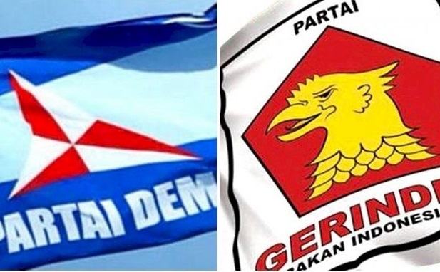 ilustrasi bendera Partai Demokrat dan Gerindra.