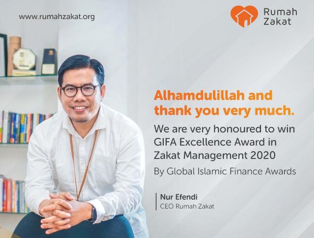 Rumah Zakat meraih Global Islamic Finance Awards (GIFA) Excellence Awards 2020 untuk kategori Zakat Management
