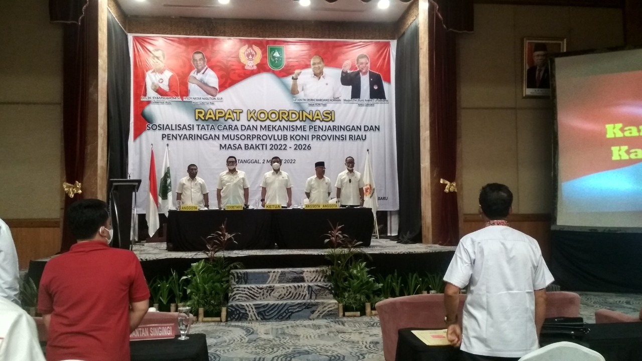 Tim Penjaringan dan Penyaringan Calon Ketua Umum KONI Riau gelar rapat koordinasi dan sosialisasi Musorprovlub KONI Riau periode 2022-2026.