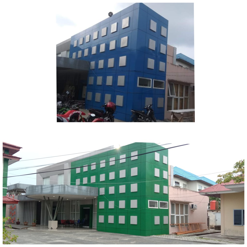 Perubahan cat gedung serbaguna sebelumnya dominan warna biru (atas), sekarang dominan warna hijau.