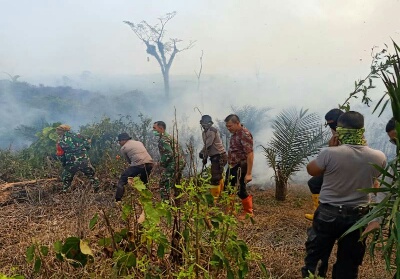 Kapolsek Kuantan Mudik AKP Afrizal bersama anggota polisi dan anggota TNI dari Koramil berusaha padamkan api di lahan yang terbakar