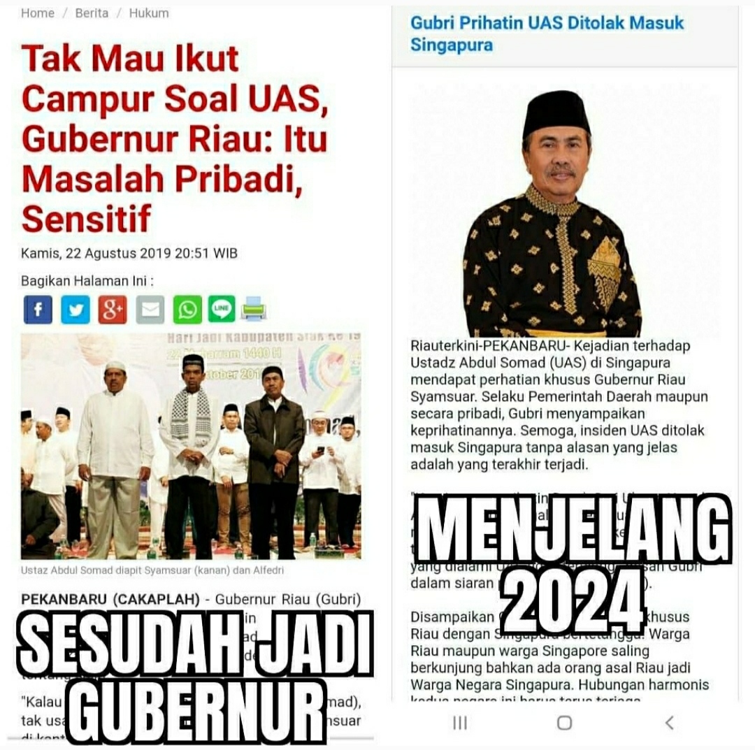 Tangkapan layar postingan UAS menyinggung sikap Gubernur Riau Syamsuar. 