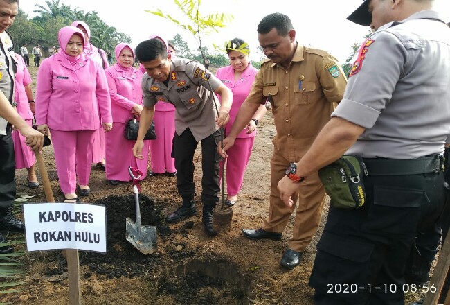 Kapolres Rohul AKBP Dasmin Ginting, didampingi Wakapolres dan Ketua Bhayangkari Polres Rohul, secara simbolis melakukan penanama pohon dalam program "Polri Peduli Penghijauan" dengan menanam 1700 batang pohon di Trans Pol Ujung Batu.