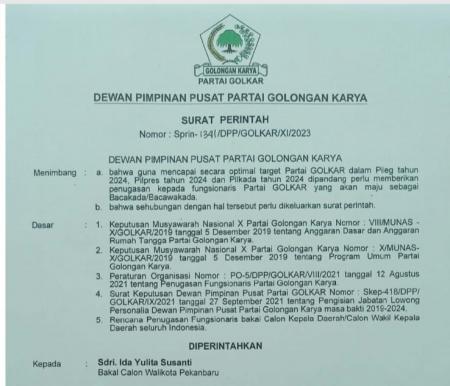 Surat perintah dari DPP Golkar kepada Ida Yulita Susanti (foto:ist)