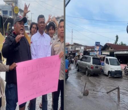 Pemuda Karang Taruna Tarai Bangun lepaskan jalan rusak di Suka Karya yang berbatasan Kota Pekanbaru (foto/Instagram)
