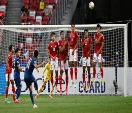 Pemain Thailand Bodin Phala melakukan tendangan bebas ke gawang Indonesia dalam pertandingan Babak Final Leg 1 Piala AFF 2020.
