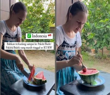 Bule Rusia contohkan cara makan semangka dengan orang Indonesia (foto/int)