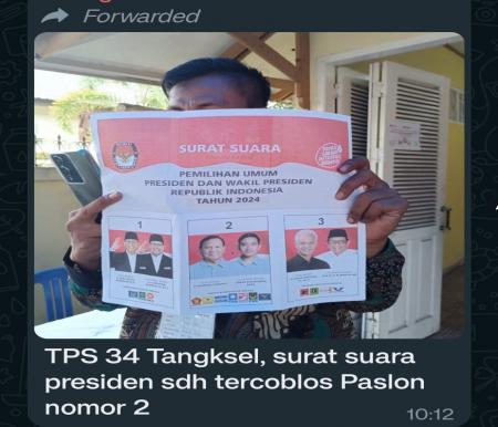 Tangkapan layar surat suara yang diduga sudah dicoblos duluan untuk Paslon presiden 02 di Pekanbaru (foto:ist)