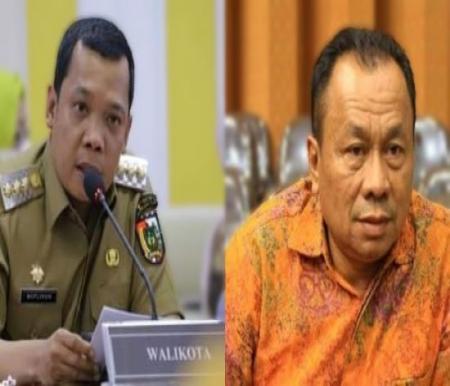Pj Walikota Pekanbaru (kiri) diduga hasut masyarakat tak pilih Golkar saat pidato di acara MTQ. Tindakannya itu disayangkan Ketua DPD Golkar Pekanbaru, Sahril (kanan).  
