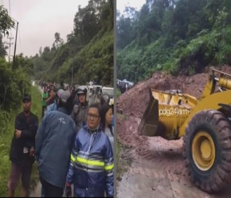 Pengendara tak bisa melewati longsor longsor terjadi di Desa Tanjung Alai, Kecamatan XIII Koto Kampar (foto/IG)