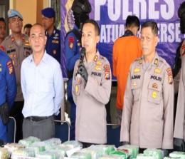 Kapolres Siak, AKBP Ronald Sumaja saat ekspos pengungkapan kasus penyelundupan 21 Kg sabu dan 1.897 butir pil ekstasi di Mapolres Siak.(foto: diana/halloriau.com)