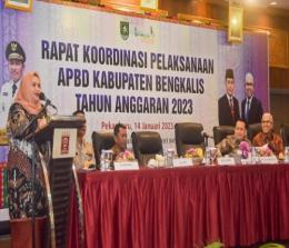 Bupati Bengkalis, Kasmarni dalam Rakor APBD Bengkalis 2023 di Hotel Pangeran Pekanbaru.(foto: zulkarnaen/halloriau.com)