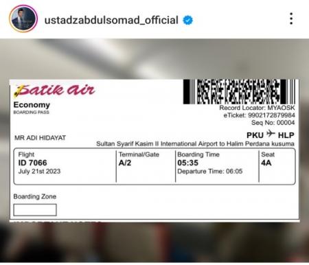 Ustaz Abdul Somad soroti Pemprov Riau yang memberikan UAH tiket pesawat kelas ekonomi (foto/instagram)