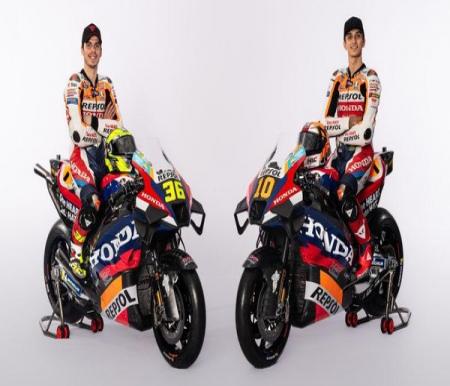 Joan Mir dan Luca Marini memperkenalkan livery baru Repsol Honda di MotoGP 2024.(foto: detik.com)