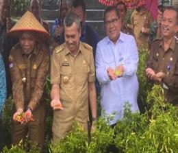 Kepala BI Riau M Nur bersama Gubernur Riau Syamsuar saat launching Gerakan Menanam Cabai di Pekarangan sebagai upaya mengendalikan inflasi di Riau.(foto: istimewa)