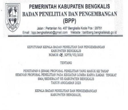 SK BPP Bengkalis terkait Lomba Karya Ilmiah SMA/Sederajat.(foto: zulkarnaen/halloriau.com)