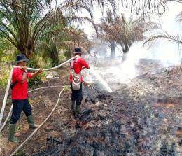 Personel Fire Fighter PT RAPP bersama Polsubsektor Pelalawan, TNI dan masyarakat melakukan pemadaman di lahan sawit milik warga di Desa Sering, Kabupaten Pelalawan.