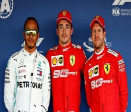 Charles Leclerc merebut pole position GP Rusia 2019, mengungguli Lewis Hamilton (kiri) dan rekan setimnya di Ferrari, Sebastian Vettel (kanan). Foto: Detik 