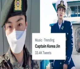 Jin BTS yang sedang Wamil dijuluki Captain Korea oleh pengemar (foto/twitter)