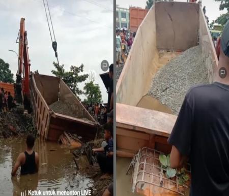 Kondisi dump truk yang terperosok dalam parit di Jalan Siak II Pekanbaru.(foto: dok/halloriau.com)