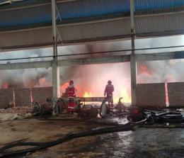 Petugas Damkar BPBD Dumai memadamkan kebakaran kolam limbah PT Envitec Multi Indonesia.