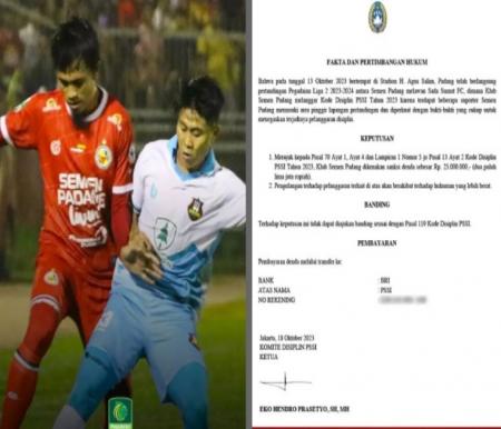 Usai laga kontra Sada Sumut, Semen Padang FC kena sanksi denda (foto/int)