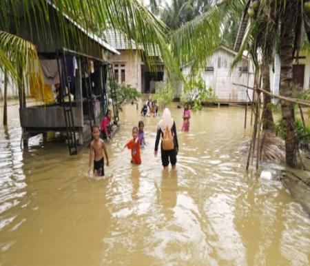 Banjir rendam pemukiman di Dusun 1 Kampung Pinang Kampar.(foto: mg2/halloriau.com)