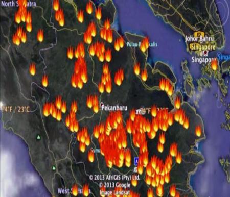 Sebaran hotspot dan titik api di Sumatera.(ilustrasi/halloriau.com)
