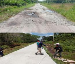 Salah satu ruas jalan di Kecamatan Merbau sebelum dan sesudah dilakukan perbaikan