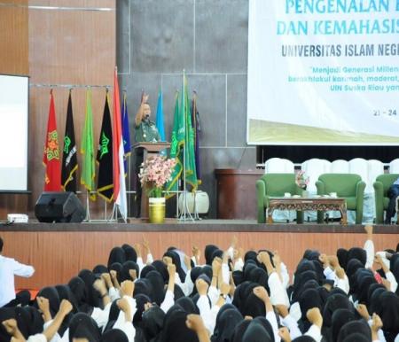Danrem 031 Wira Bima, Brigjen TNI Dany Rakca, SAP MHan menjadi narasumber pada acara Pengenalan Budaya Akademik dan Kemahasiswaan tahun 2023.