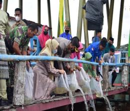 Bupati Inhu Rezita Meylani saat menabur bibit ikan di Danau Raja.(foto: dasmun/halloriau.com)